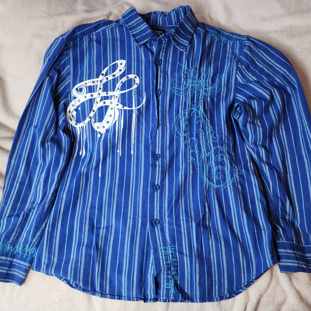 Tool Jeans Blue Striped Men's Shirt with Artistic Design 2xl